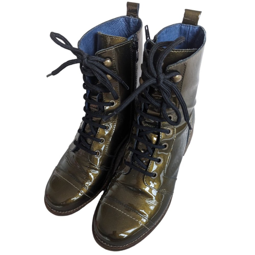 Khaki Patent Leather Boots - Size 38